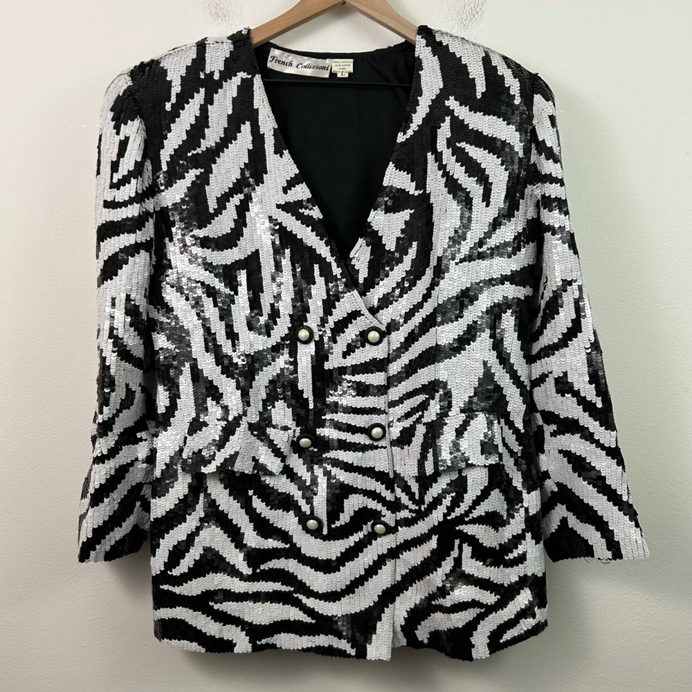 Vintage Women's Large Double Breast Sequin Silk Blazer Black White Zebra Glam
